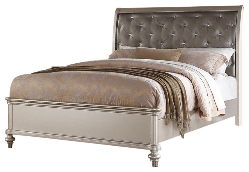 Benzara Wooden C.King Bed With Silver PU Tufted HB, Shinny Silver Finish