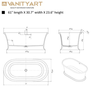 Vanity Art 61" Solid Surface Resin Stone Freestanding Bathtub