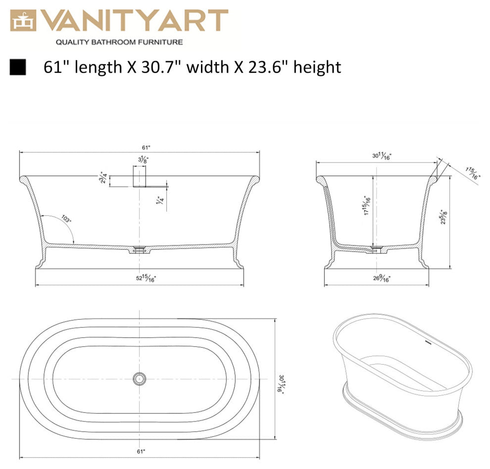 Vanity Art 61" Solid Surface Resin Stone Freestanding Bathtub