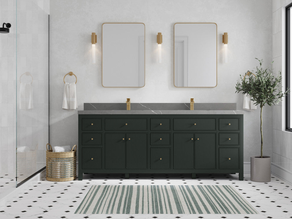 Sonoma 84 Double Sink Reeded Bath Vanity in Dark Forest Green 2" Piatra Gray