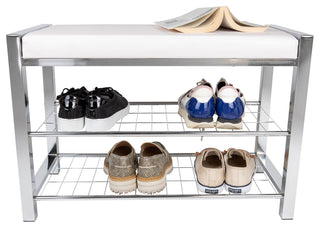 Danya B. Leatherette Entryway Bench with Two Metal Shoe Racks, White/Chrome