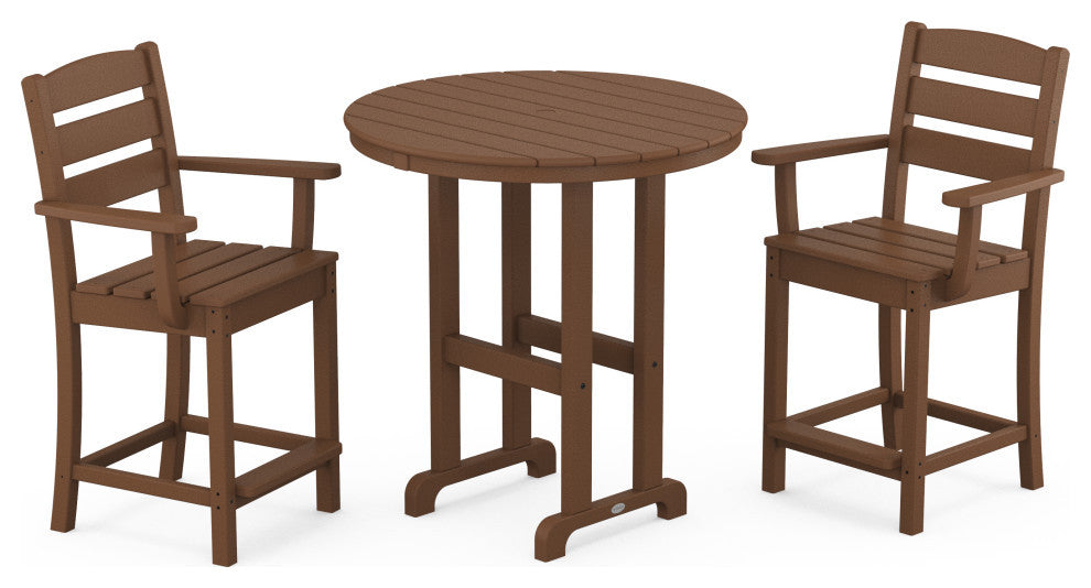 POLYWOOD Lakeside 3-Piece Round Farmhouse Arm Chair Counter Set, Teak