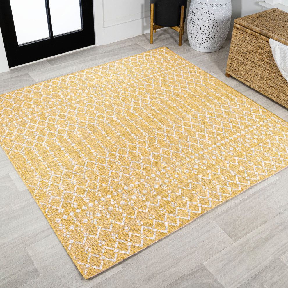 Ourika Moroccan Geometric Indoor/Outdoor Rug, Yellow/Cream, 5' Square