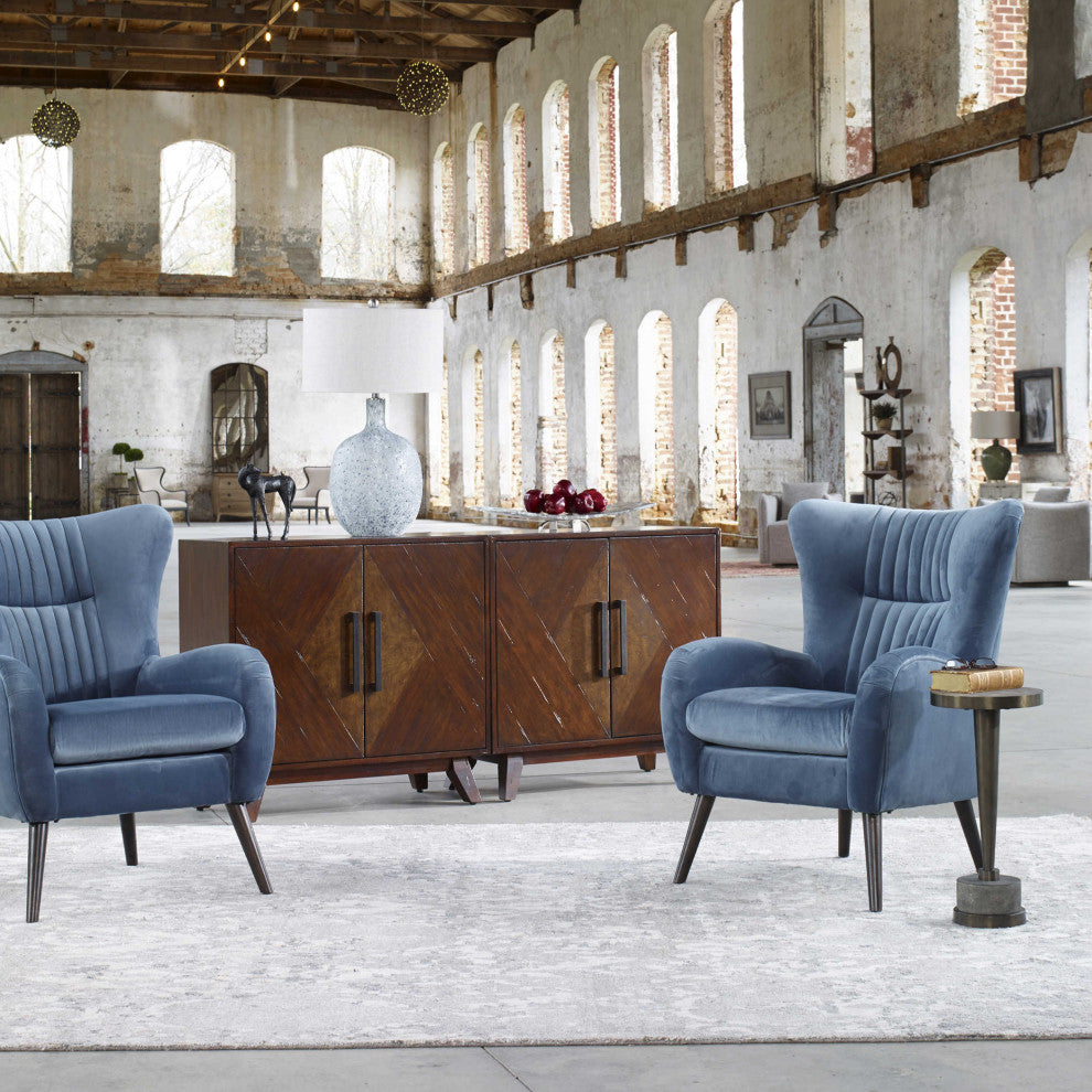Midcentury Modern Teal Blue Arm Wing Chair, Sculpted Back Tapered Leg