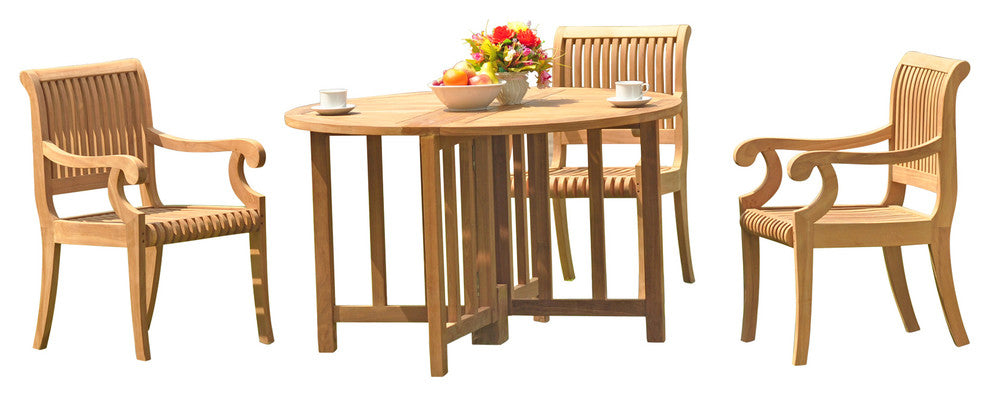 4-Piece Outdoor Patio Teak Dining Set, 48" Butterfly Table, 3 Arm Chairs