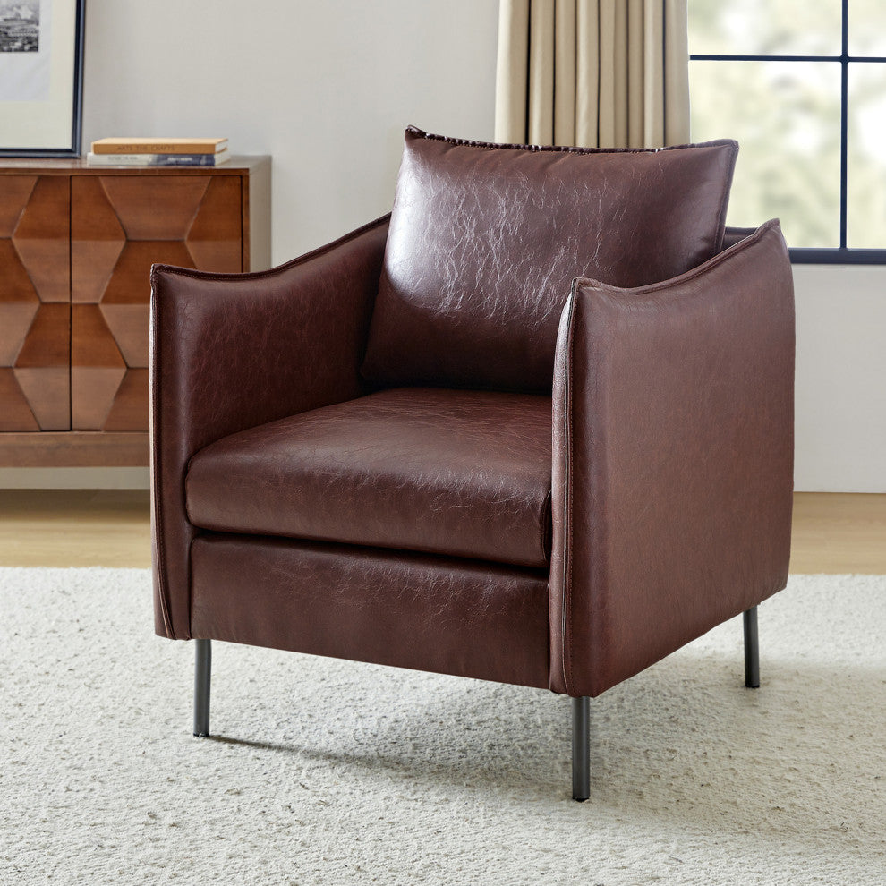 Traditional Leather Armchair With Metal Legs, Brown