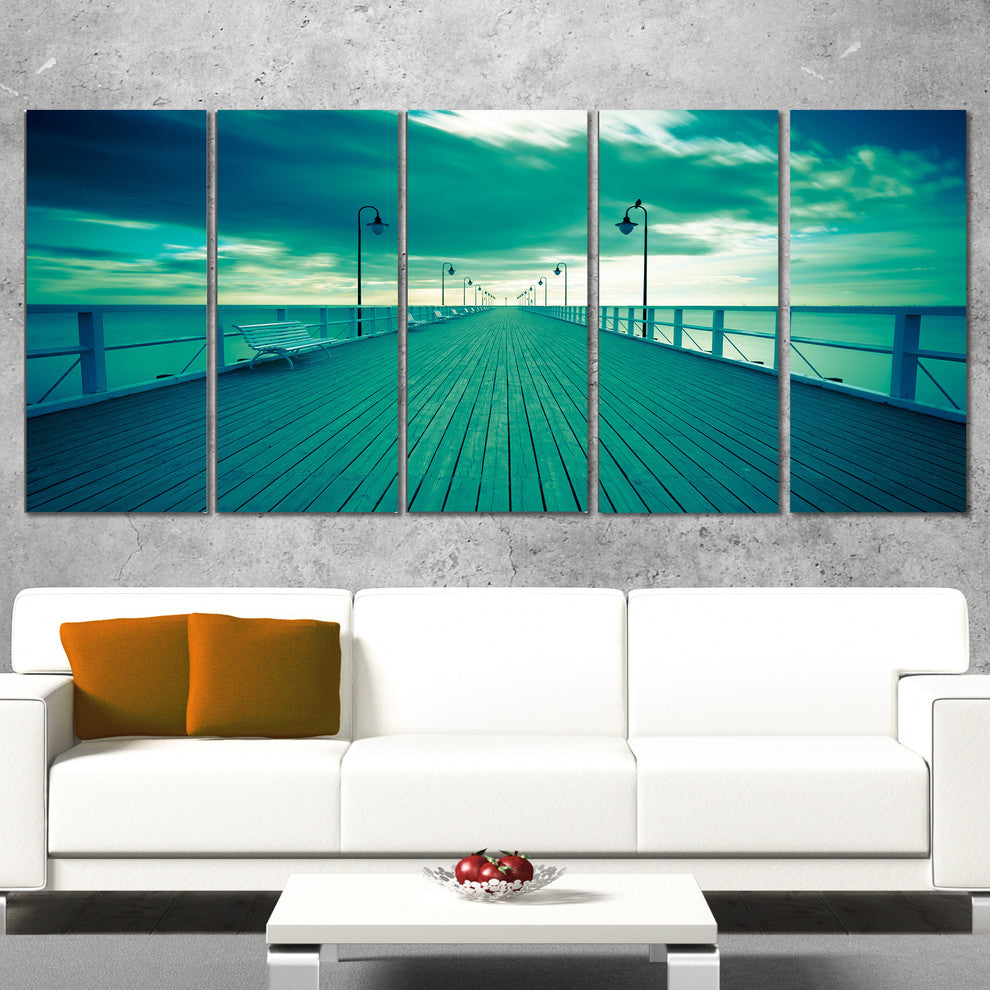 Blue Seascape With Wooden Pier, Bridge Canvas Art Print, 60"x28", 5 Panels