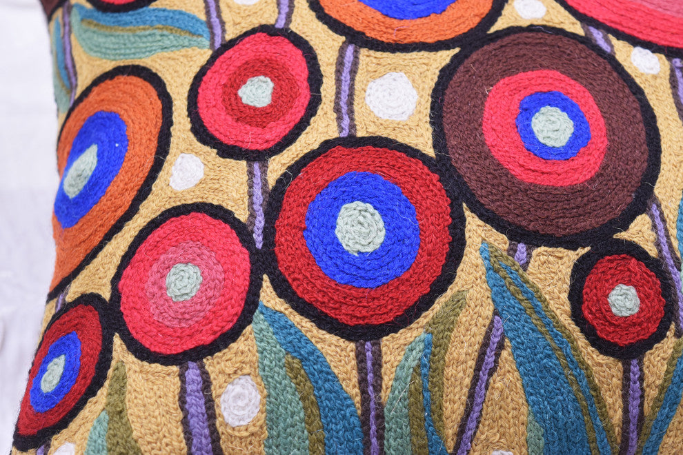 Yellow Floral Poppy Pillow Cover Floral Chair Pillowcase Hand Embroidered 18x18