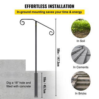 Handrails for 1 - 2 Steps Outdoor Stair Railing Single Post Iron Handrail, Gray