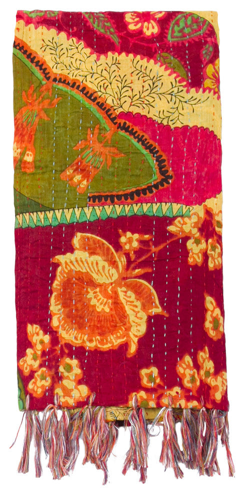 Kantha Cotton Bed Runner 23"x72", Burgundy/Green/Yellow