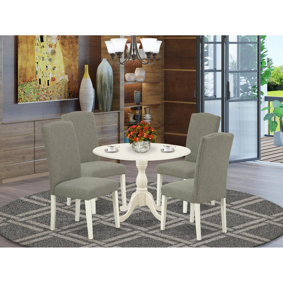 5Pc Dining Set, 1 Drop Leaves Table, 4 Dark Shitake Chair, Linen White