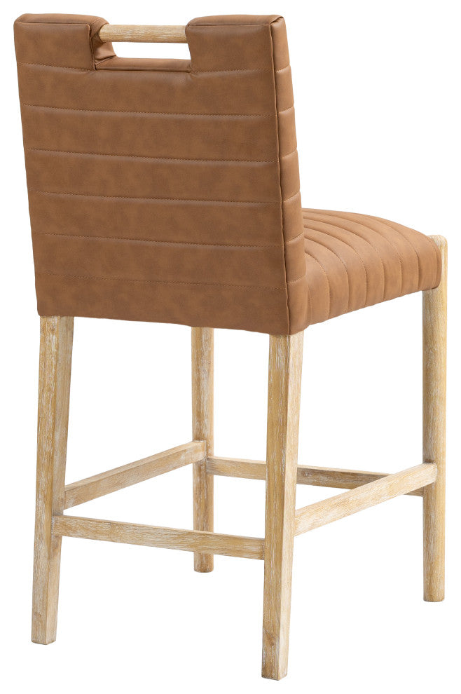 Aimee Upholstered Counter Stool, Cognac, Vegan Leather, Natural Oak Finish