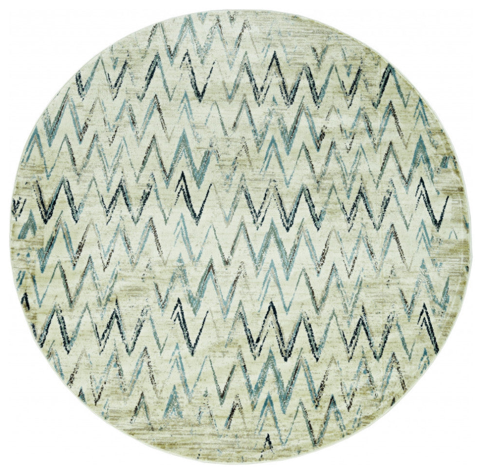 8" Round Beige Blue Distressed Chevron Area Rug