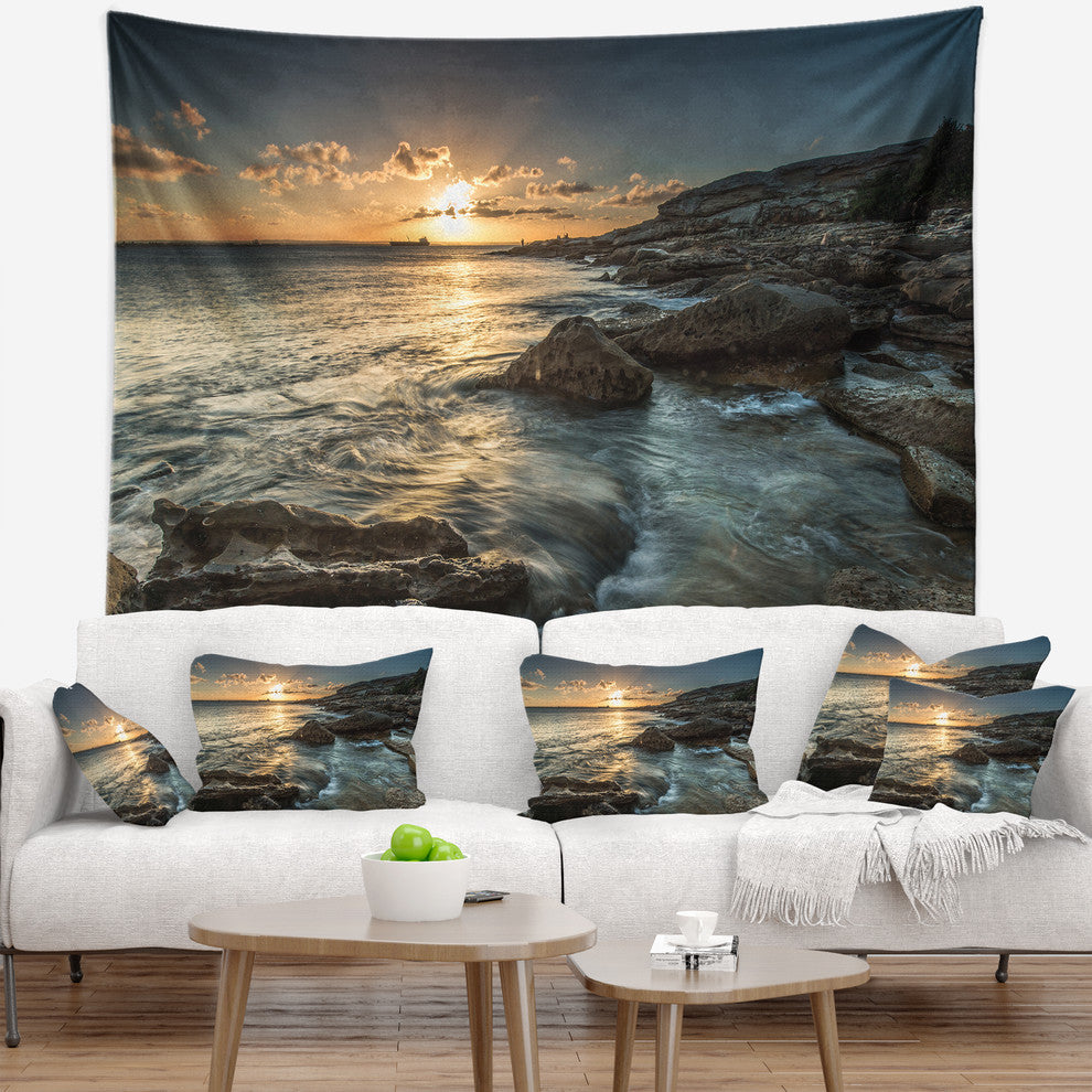 Sydney Beach with Bright Sunset Seascape Wall Tapestry, 80"x68"