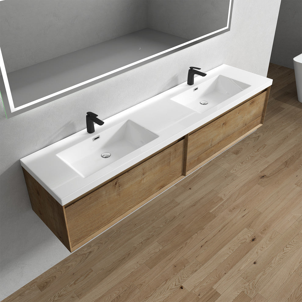 Aurora 84'' Double Sink Wall Mounted Modern Bathroom Vanity, White Oak