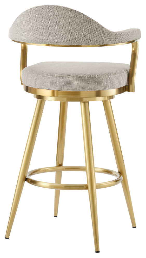 Justin 30" Swivel Bar Stool With Gold Brushed Stainless Steel and Taupe Fabric