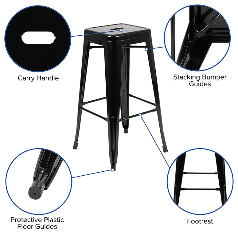 30" Metal Indoor Bar Stool, Stackable Set of 4, Black