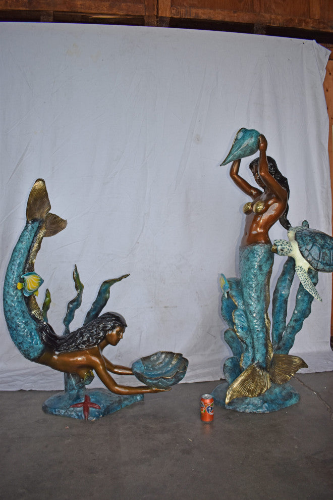 Mermaid Holding a Shell Fountain W Turtle Bronze Statue - Size: 32" x 19" x 60