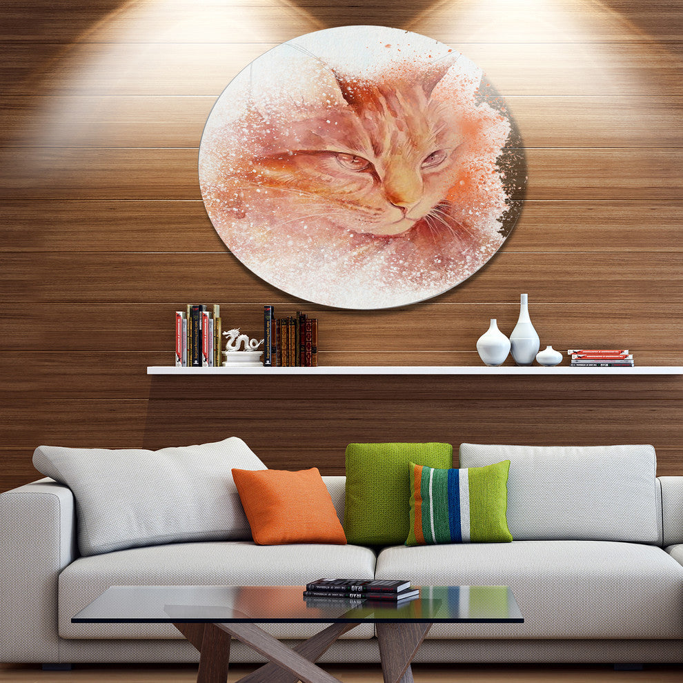 Brown Cat Face Sketch On White, Animal Round Wall Art, 36"