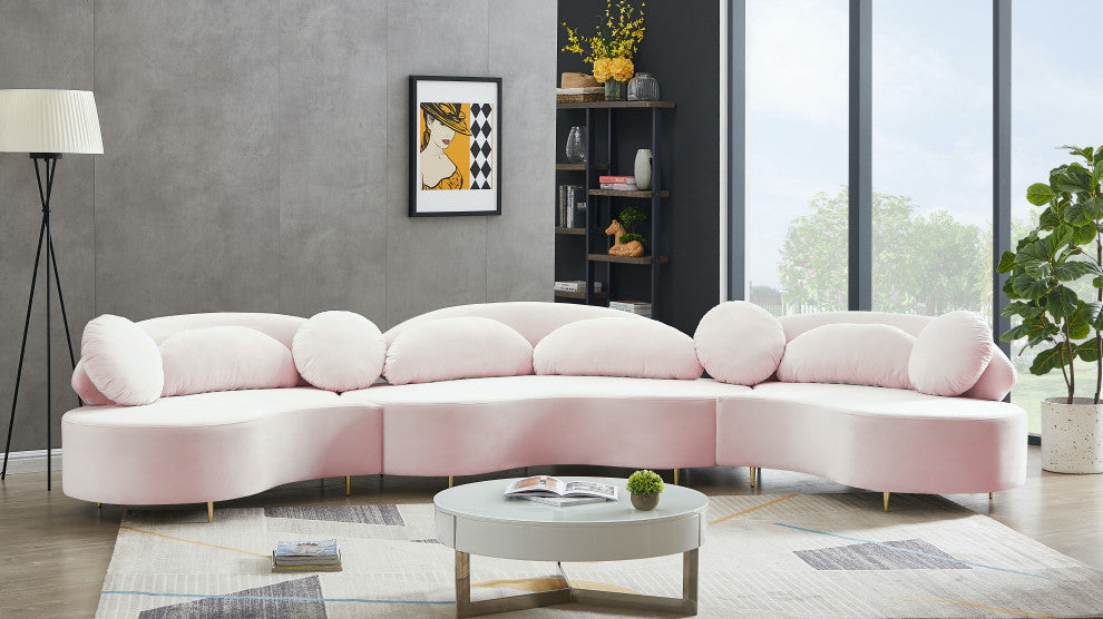 Vivacious Velvet Upholstered 3-Piece Sectional, Pink