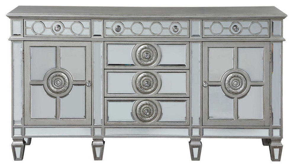 Benzara BM263898 Server With 6 Mirrored Drawers and 2 Single Doors, Silver