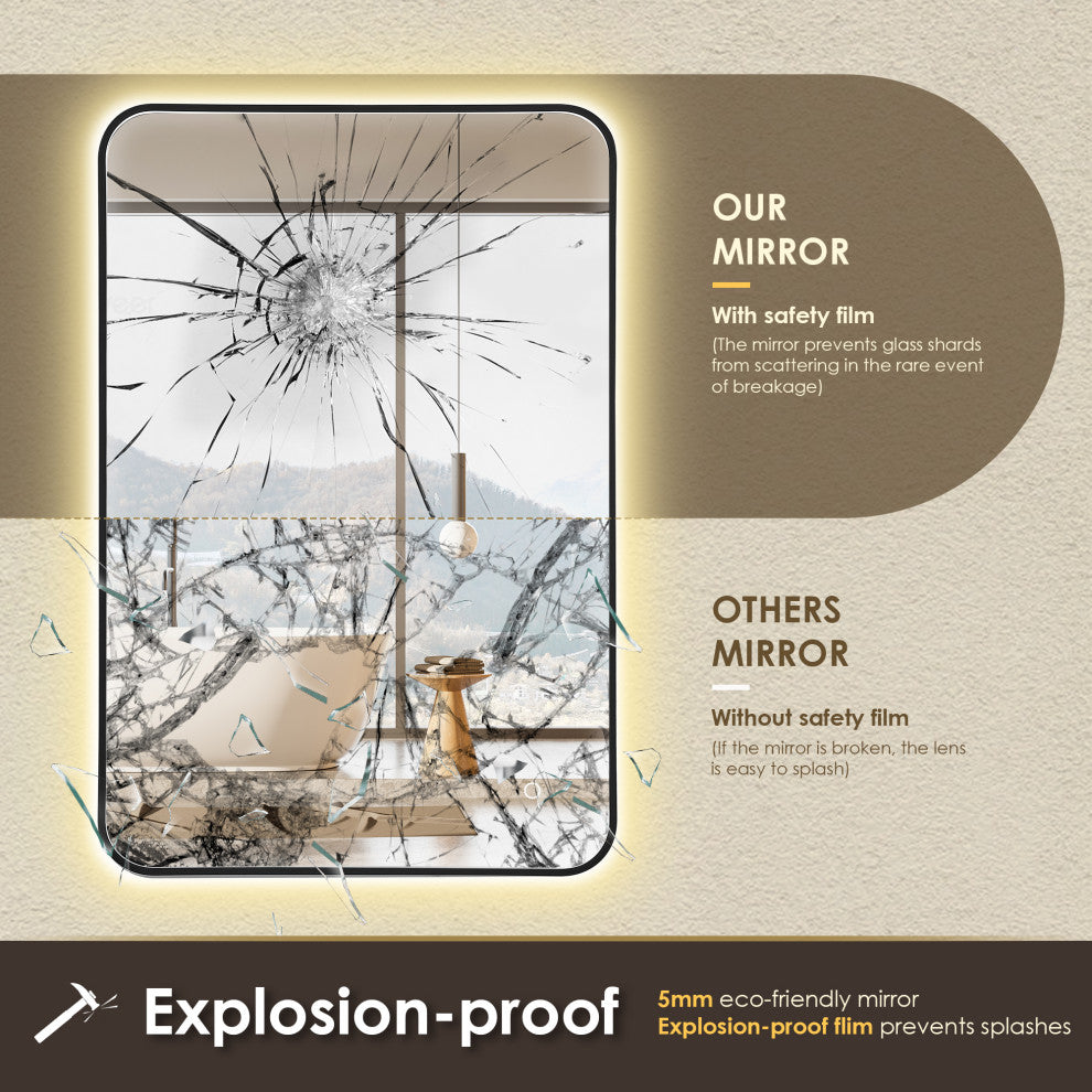 Dazzle Rectangular Bathroom/Vanity LED Lighted Wall Mirror, Matte Black, 24"