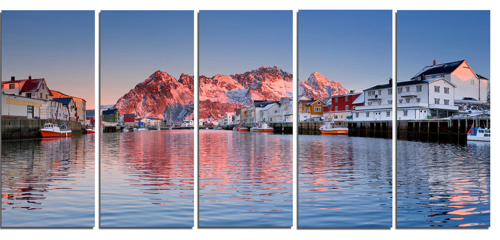Henningsvaer on the Lofoten Norway, Landscape Canvas Art, 60"x28", 5 Panels