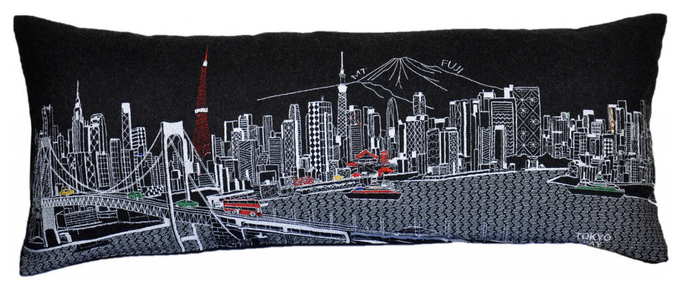 35" Black Tokyo Nighttime Skyline Lumbar Decorative Pillow