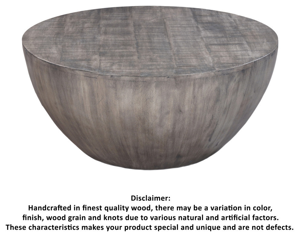 36" Round Coffee Table Handcrafted Drum Shape Mango Wood With Olive Gray Finish