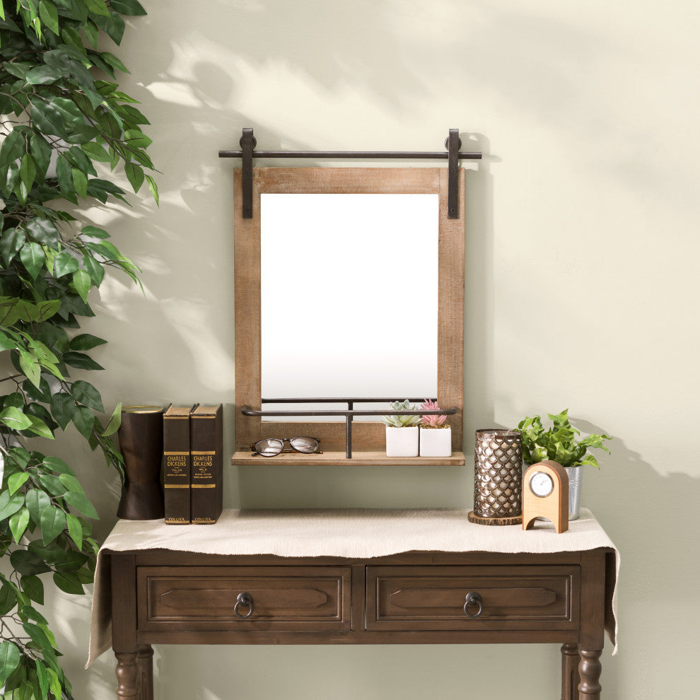 Danya B. Rustic Industrial Wall Mount Barn Door Vanity Mirror With Shelf
