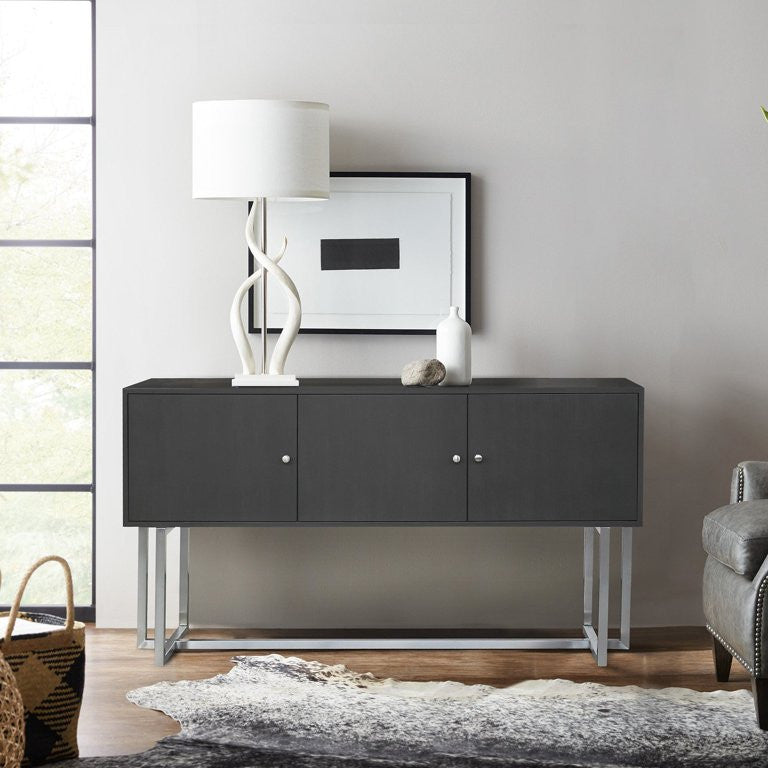 Large Sideboard, Crossed Brushed Silver Legs & 3 Storage Cabinets, Dark Gray