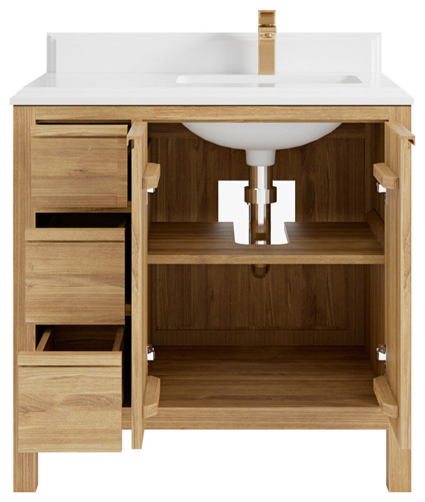 Elizabeth 36 Right Offset Bath Vanity in Light Natural Teak 1.5" White Quartz