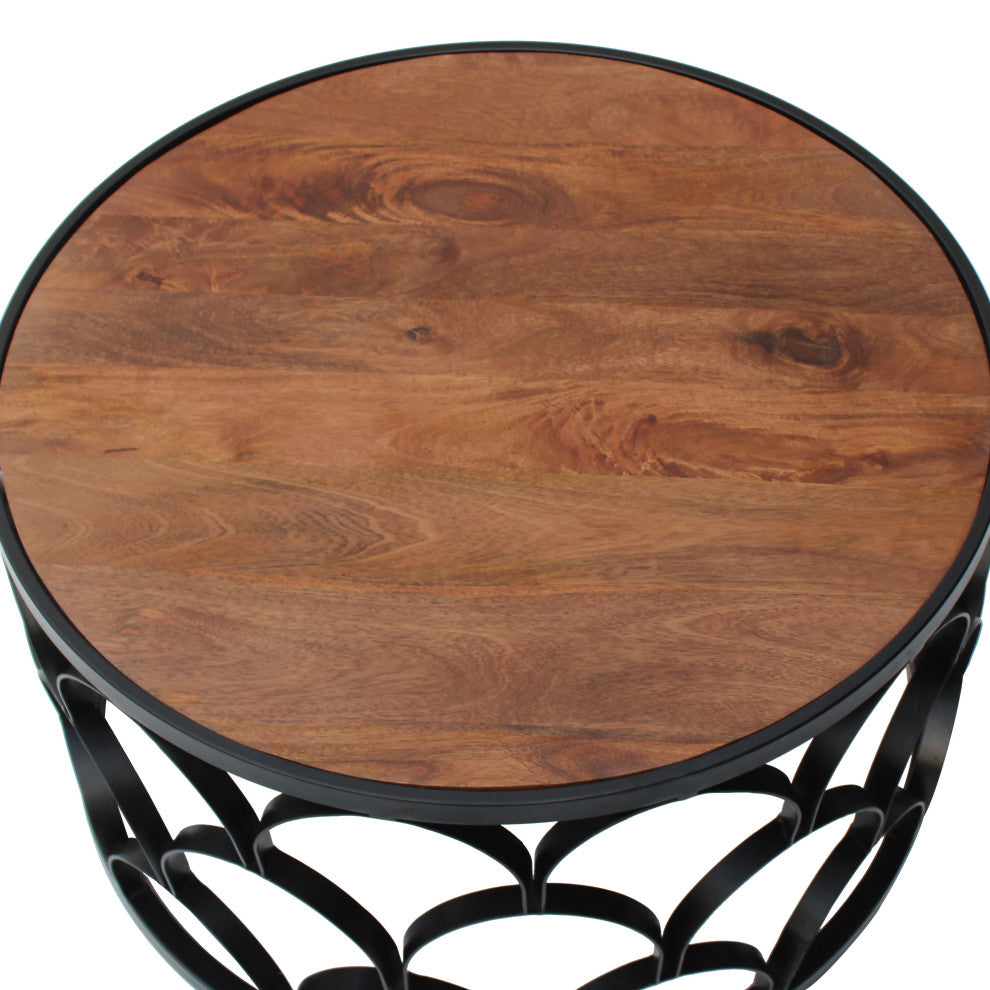 32" Round Coffee Table, Mango Wood Top, Lattice Cut Out Metal Frame, Brown/Black