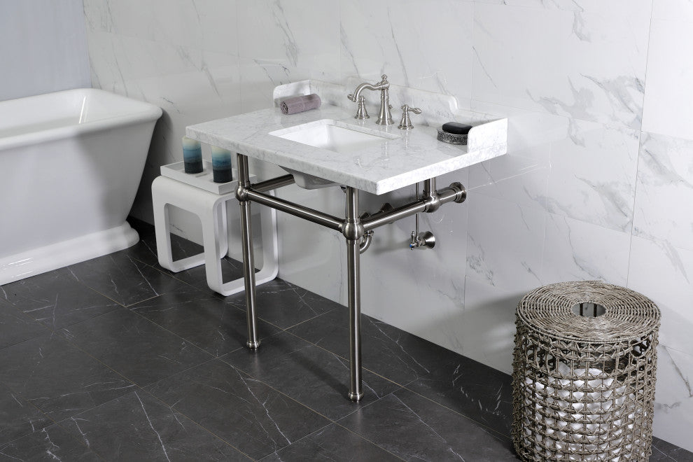 Kingston Brass LMS3630MBSQ8 36" Carrara Marble Console Sink, Legs