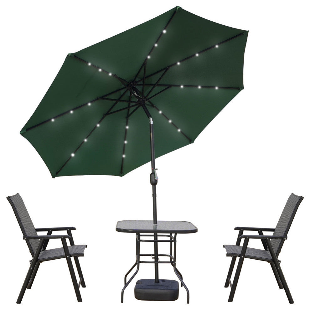 LeisureMod Sierra Modern 9' Market Patio Umbrella With Solar Powerd LED, Green