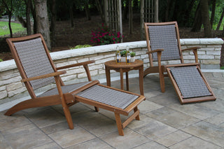 3-Piece Eucalyptus and Wicker Lounger Set With Ottoman and Round Accent Table
