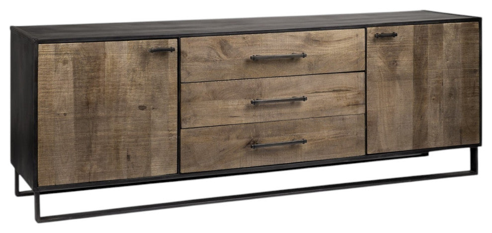 82" Brown and Black Solid Wood Three Drawer Sideboard With 2-Doors