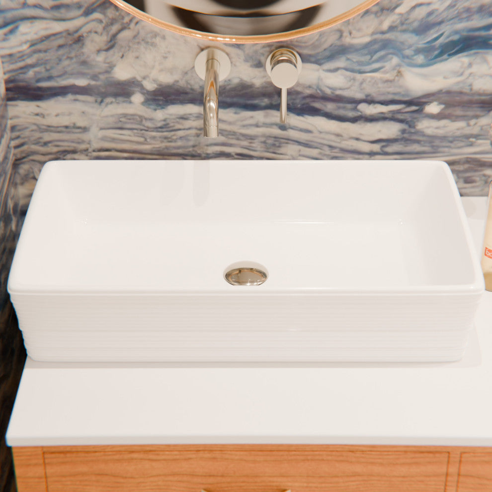 NP-208513 Rectangular Porcelain Sink w/ Grooved Exterior, Drain Option, Brushed Nickel