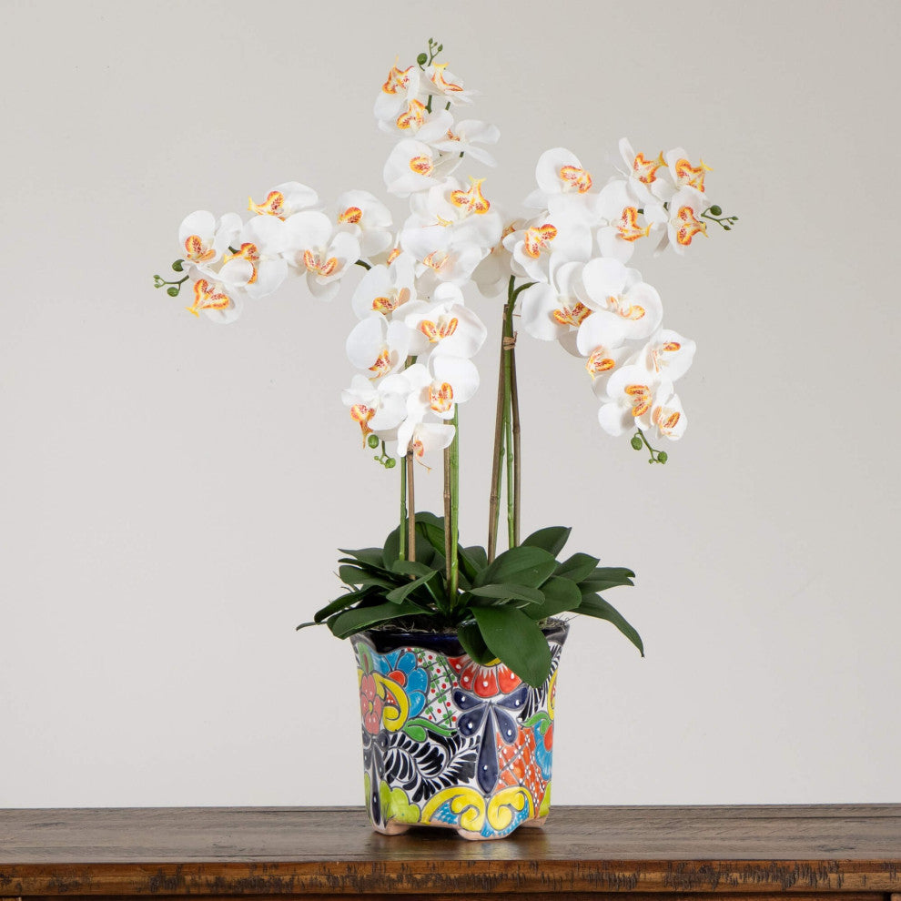36" Faux Large Orchid Arrangement, Handmade Mexican Talavera Ceramic Planter
