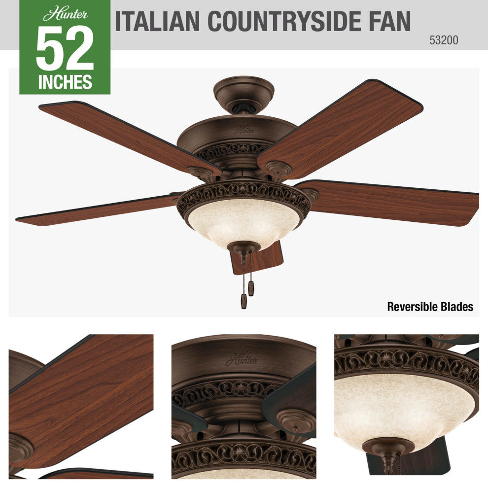 Hunter Fan Company Italian Countryside Cocoa Ceiling Fan With Light, 52"