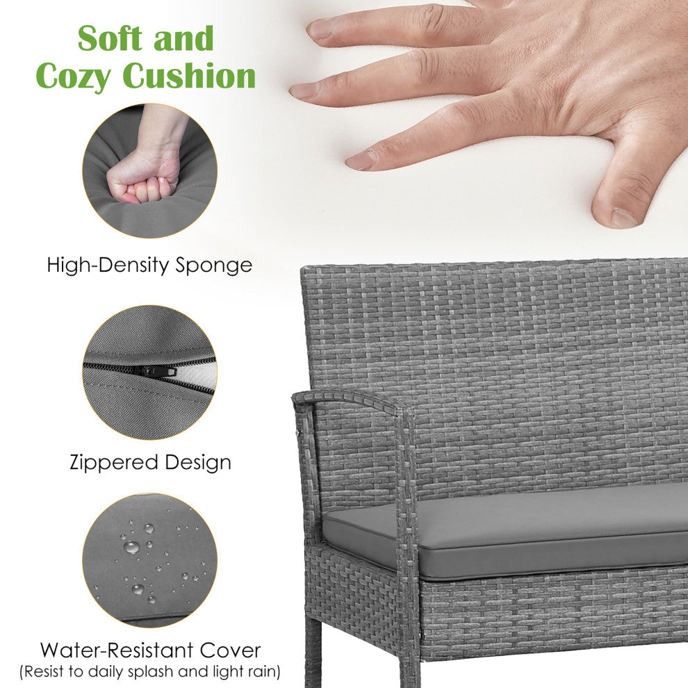 Costway 4PCS Patio Rattan Furniture Set Cushioned Chair Wooden Tabletop Gray