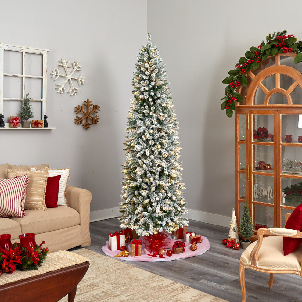 8' Slim Flocked Montreal Fir Faux Xmas Tree W/ White Lights & Bendable Branches