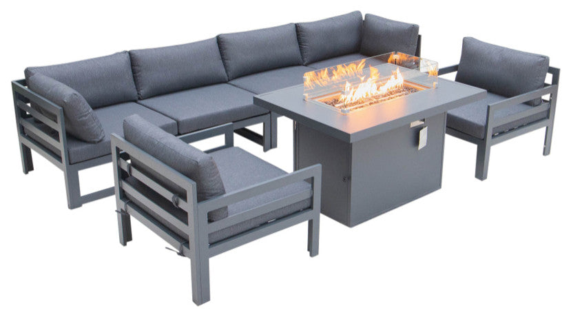 LeisureMod Chelsea 7-Piece Outdoor Sectional With Fire Pit Table, Black