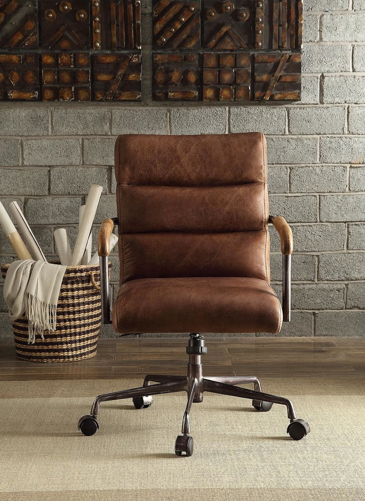 Harith Top Grain Leather Office Chair, Retro Brown, Retro Brown