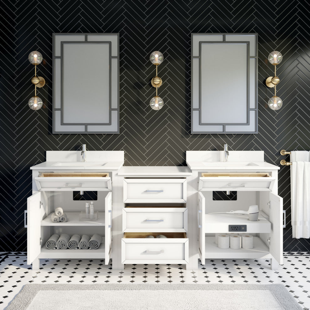 Terrence 84" Vanity with Power Bar and Drawer Organizer, White