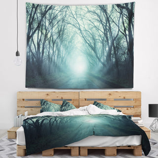 Fall Forest Path with Green Light Landscape Photography Wall Tapestry, 80"x68"