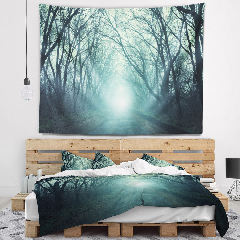 Fall Forest Path with Green Light Landscape Photography Wall Tapestry, 80"x68"