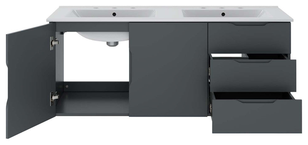 Double Sink Vanity Cabinet, White Gray, Ceramic, Modern, Hotel Bathroom
