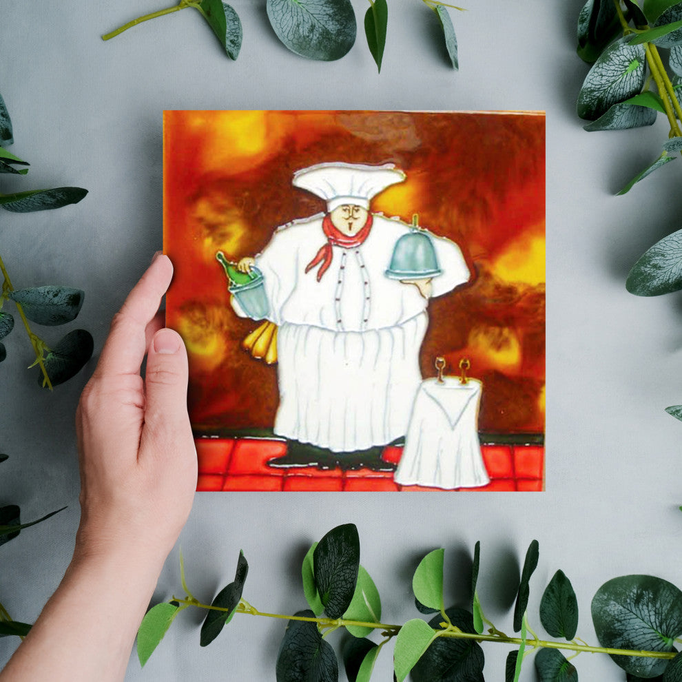 8x8" Fat Chef With Side Table Ceramic Art Tile and Trivet Hot Plate