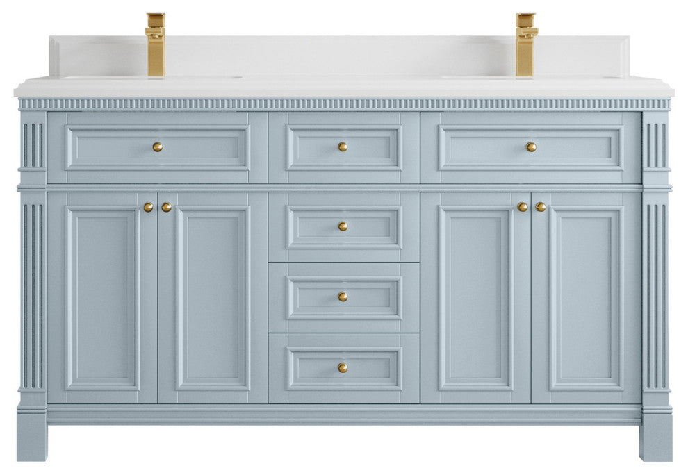 Paris 60" Double Sink Bathroom Vanity, Blue Heather 1.5" White Quartz